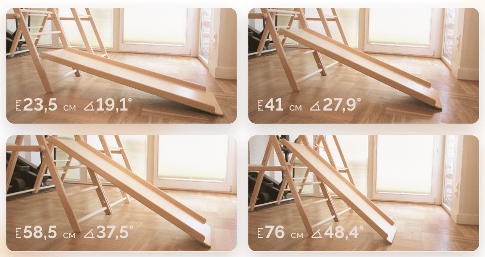 Горка Tigerwood на четырёх ступенях: 23,5 см — 19°, 41 см — 28°, 58,5 см — 37°, 76 см — 48°